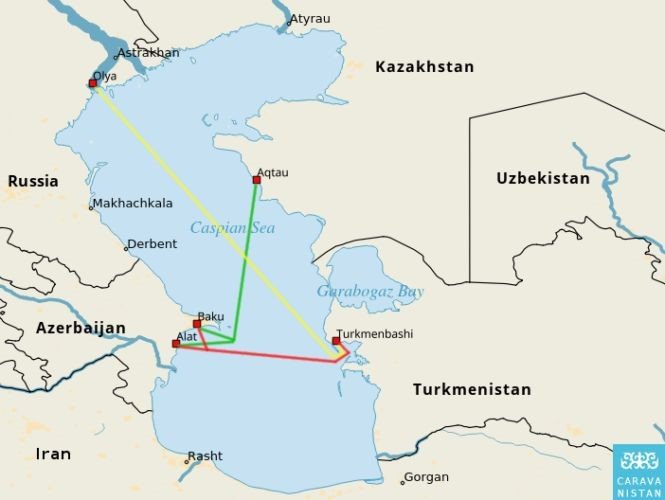 A map of ferry routes across the Caspian sea